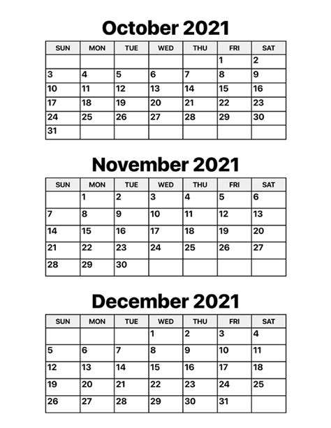 Printable 3 Month Calendar October November December 2021
